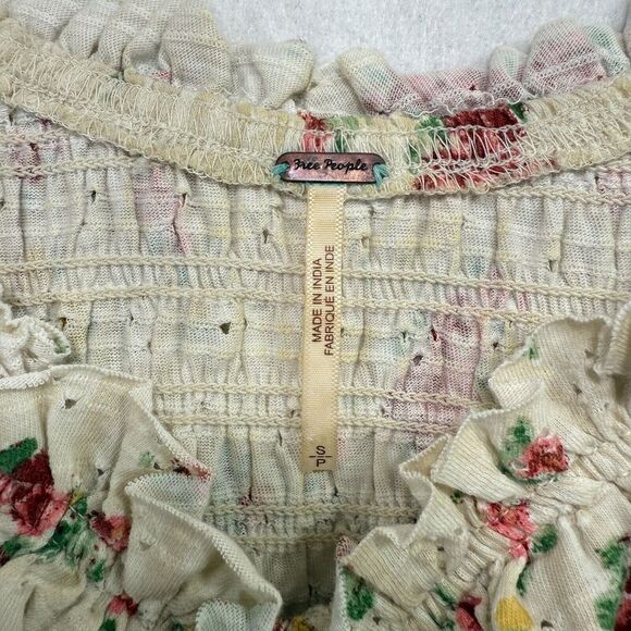 Free People Top Women S Cream Favorite Girl Crop Floral Ruffle Cottagecore Boho - Picture 5 of 13